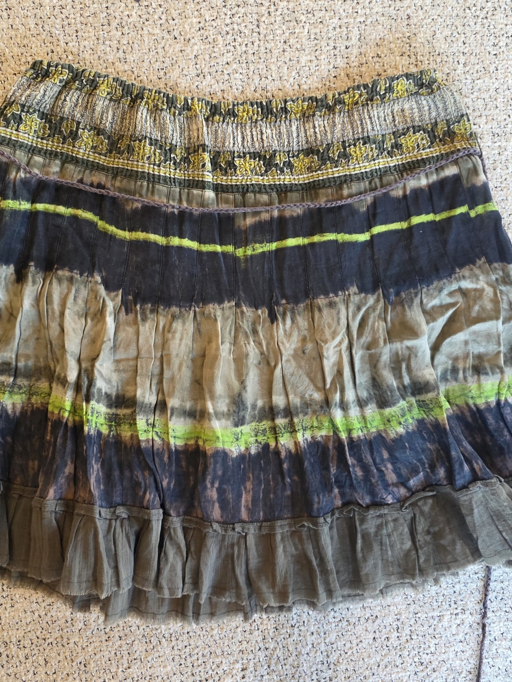 Free People Boho Tie Dye Ruffle Mini Skirt Smocked Waist Festival Fairy Grunge - Picture 9 of 10